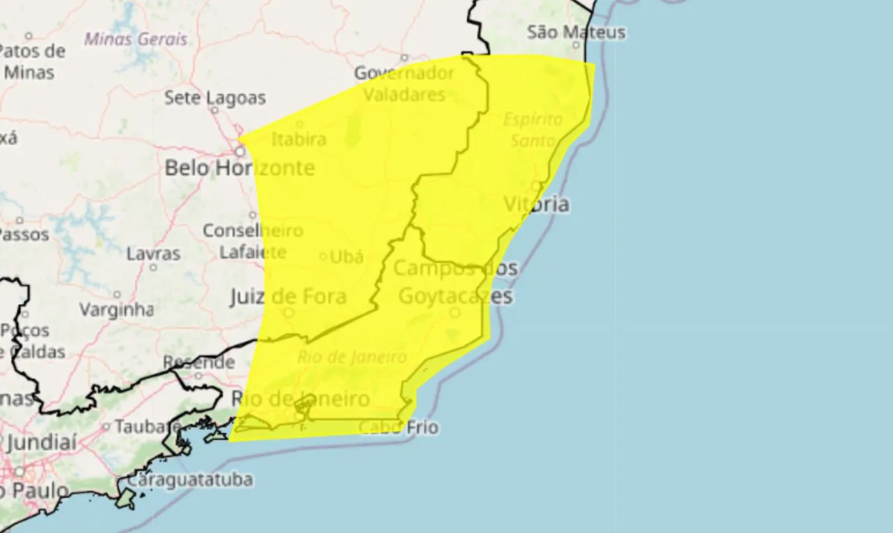 O mapa mostra as áreas em alerta para temporais e ventos